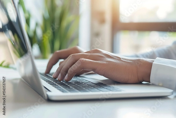 Fototapeta 白いシャツ姿のビジネスマンがパソコン入力する様子