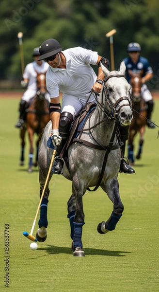 Obraz A player on horseback hits a ball with a club, the rider is dressed in a polo suit - playing polo
