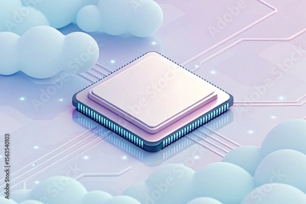 Fototapeta cloud computing concept, 3d Light pastel AI processor chip floating above cloud elements