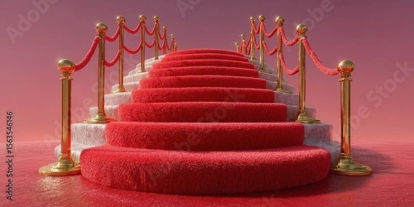 Fototapeta Elegant red carpet staircase leads to celebrated entrance for prestigious events and gatherings in a glamorous setting