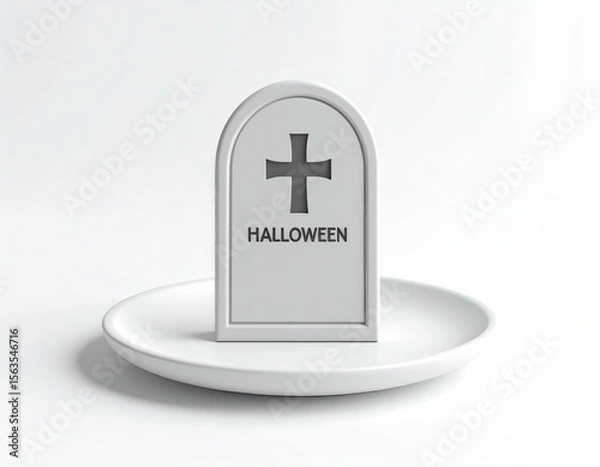 Fototapeta 3D tombstone icon on a dish with Halloween text engraving, minimal cute style, white or soft blur background