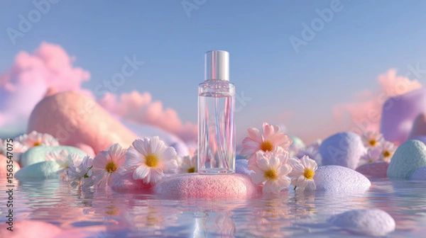 Fototapeta Floral Essence: A graceful glass bottle, adorned with delicate floral accents, takes center stage amidst a serene, dreamlike landscape of soft-hued stones and clouds reflected in tranquil waters.