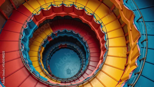 Obraz Top view of colorful winding staircase featuring symmetrical curves and bold colors.