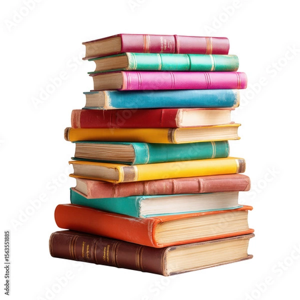 Fototapeta Stack of colorful antique books with gold detailing isolated on transparent background