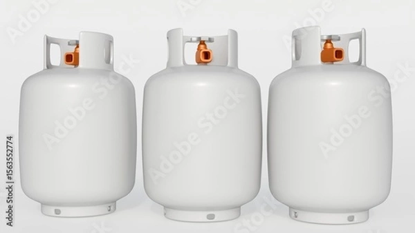 Fototapeta A 3d rendering of white gas tanks, the curved surfaces of the tanks and reflections that define their cylindrical shapes.