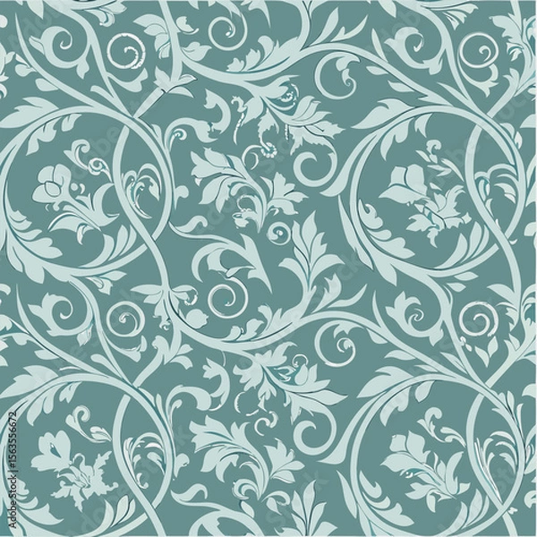 Fototapeta Elegant teal and white floral scrollwork seamless pattern background