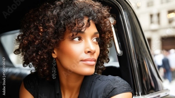 Obraz A woman with curly hair looking thoughtfully out of a car window in an urban setting