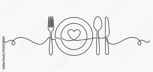 Fototapeta continuous line drawing of fork, plate, knife and spoon. minimalist one line drawing of cutlery. single line vector illustration. 