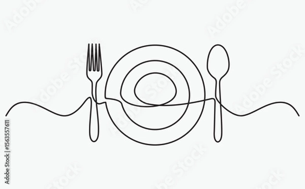 Fototapeta continuous line drawing of fork, plate and spoon. minimalist one line drawing of cutlery. single line vector illustration. 