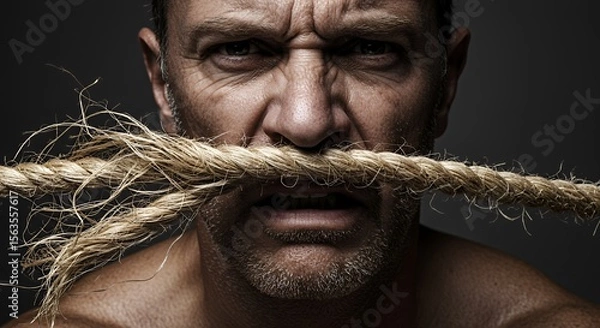 Obraz A man's face is partially obscured by a thick rope, his expression conveying intense frustration and struggle.