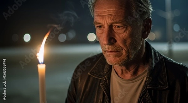 Obraz Pensive elderly man holds a flickering candle at night, lost in thought and contemplation, under a dark sky.