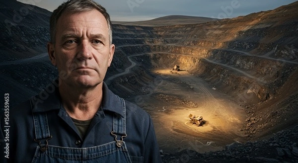 Obraz Weathered miner contemplates the vastness of an open-pit mine, a portrait of hard work and industrial landscapes.
