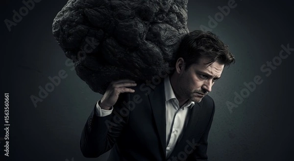 Obraz Man burdened by a heavy, dark rock, symbolizing overwhelming stress and pressure in life.
