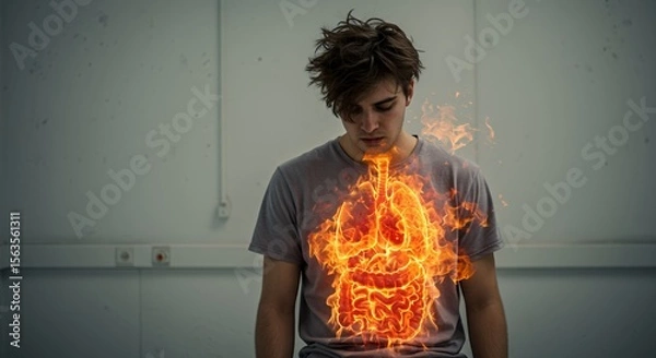 Obraz Man Feels Internal Burning Pain, Digestive System in Flames