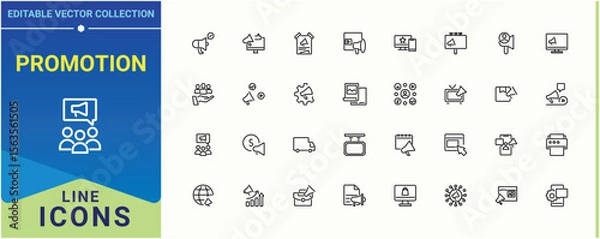 Fototapeta Promotion icon set. Contains such symbols as ads, marketing, market, business, campaign and more. Ads vector line icon set. Line icons with editable stroke. Vector illustration.