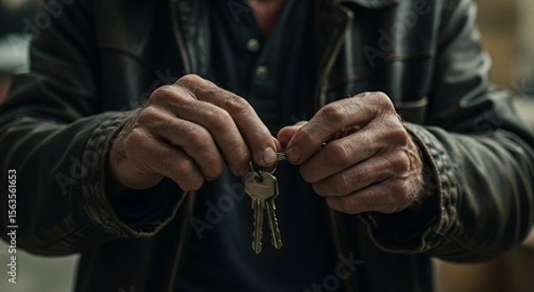 Obraz Weathered hands carefully hold a set of keys, conveying a sense of ownership and responsibility.