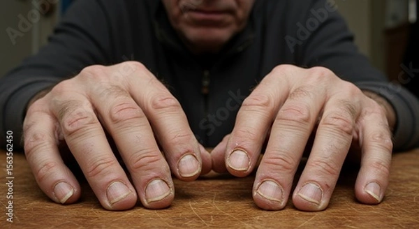 Obraz Weathered hands rest on a worn wooden , conveying a sense of age, experience, and quiet contemplation.
