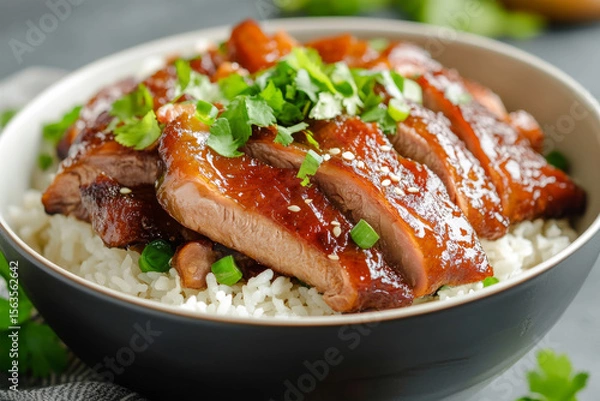 Fototapeta Homemade Duck Teriyaki Served Over Steamed Rice