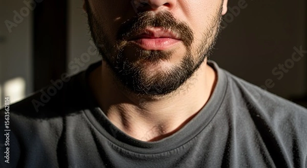 Obraz Close-up of a man's serious face, partially shadowed, showcasing his beard and thoughtful expression.