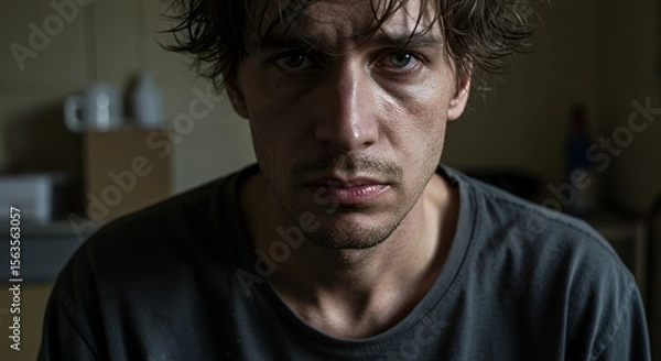 Obraz Troubled young man with dark hair stares intensely into the camera, conveying a sense of deep worry and inner turmoil.