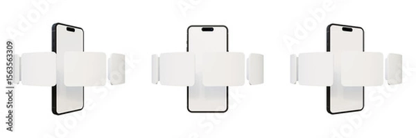 Fototapeta Set of blank screen smartphone and empty screens mockup isolated on background. Blank screen phone and blank cards mock up. Mobile app mockup template. Application screens on smartphone.
