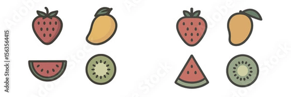 Fototapeta Colorful fruit icons featuring strawberries, mangoes, kiwis, and watermelon arranged in a playful layout
