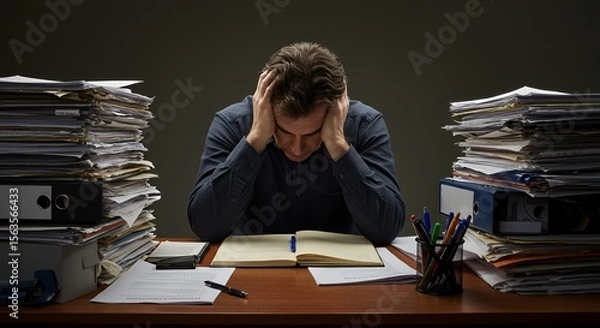 Obraz Overwhelmed businessman sits at his desk buried under piles of paperwork, hands on his head, expressing stress and exhaustion from excessive workload.