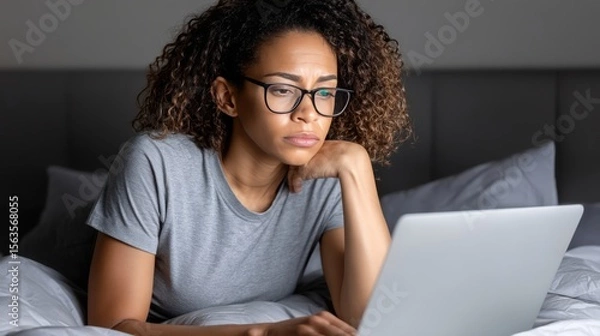 Obraz Woman working on laptop at home with focused expression