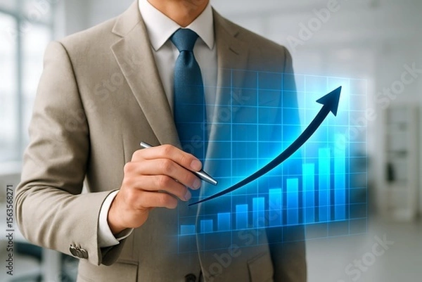 Fototapeta Businessman in a suit drawing a digital graph with a holographic interface to represent financial growth, market trends, and professional successbusiness background