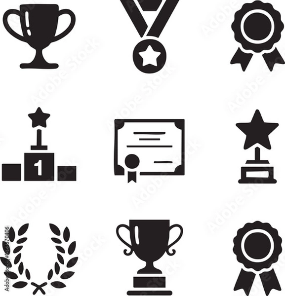 Obraz Nine Black Minimalist Achievement Icons Set Trophies Medals Awards Certificates Laurels Winner First Place Star