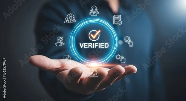 Fototapeta Verified Digital Security: Man Holding Glowing Verification Icon, Data Protection, Cybersecurity Assurance, Trust, Compliance