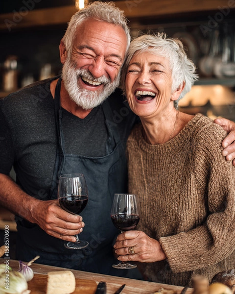 Obraz Happy senior couple drinking red wine at home. They are smiling and looking at camera.