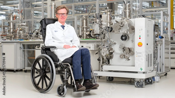 Fototapeta Male Engineer in Wheelchair in High-Tech Industrial Laboratory: Inclusive Innovation and Advanced Manufacturing