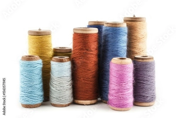 Fototapeta Silk yarn bobbins linen wool white background.