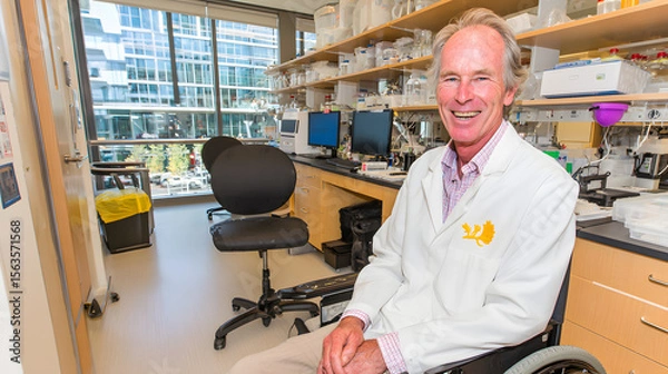 Fototapeta Smiling Male Scientist in Wheelchair in Modern Research Laboratory: Inclusive Scientific Innovation and Medical Progress