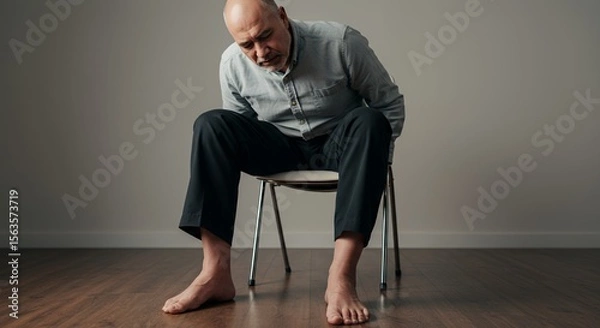 Obraz A contemplative older man sits barefoot on a simple chair, his posture suggesting weariness and introspection.