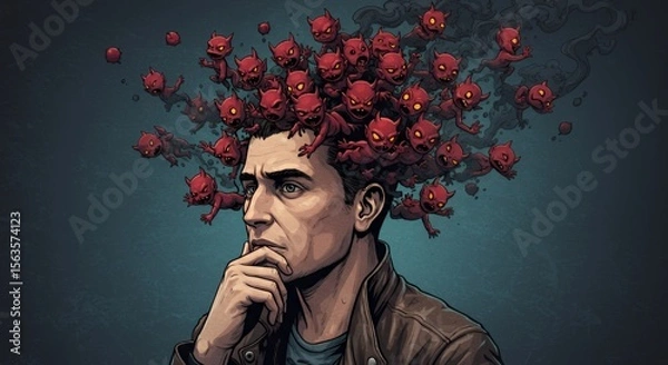 Obraz Man contemplates a swarm of tiny, red imps emerging from his head, symbolizing inner turmoil and mental struggle.