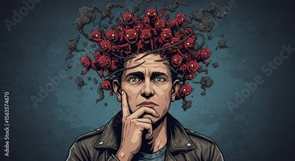 Obraz Man contemplates a swirling mass of tiny red devils erupting from his head, symbolizing inner turmoil and mental struggle.