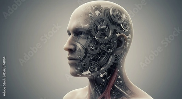 Obraz Intricate clockwork gears form a human head, revealing a blend of organic and mechanical elements in this striking image.