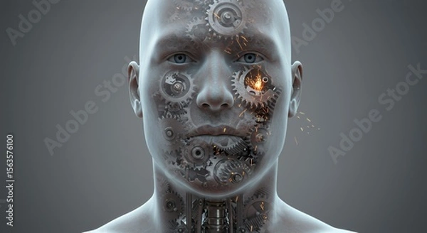 Obraz Futuristic face with exposed gears and sparking mechanisms, a blend of human and machine aesthetics.