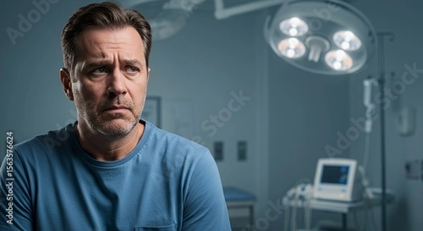 Obraz Worried man in a hospital room, contemplating his health concerns, with medical equipment blurred in the background.
