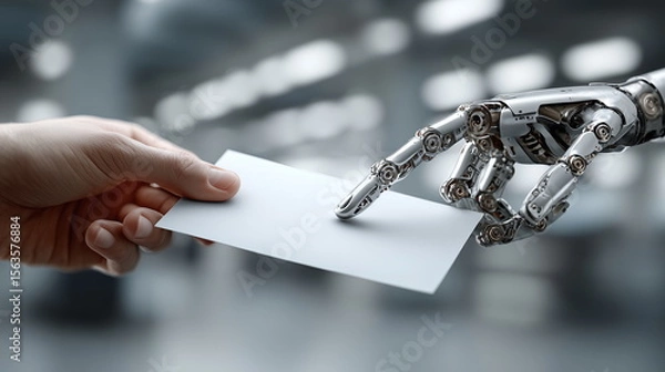 Obraz a human hand passes a piece of paper to a robot hand