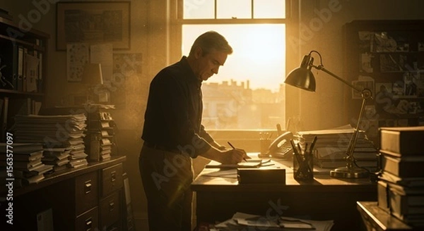 Obraz Golden Hour Illumination Bathes a Man Deep in Thought as He Writes at His Desk, Surrounded by Stacks of Papers and Books.