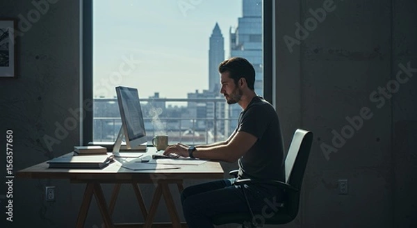 Obraz Focused young man works remotely from a modern home office, enjoying city views through a large window.