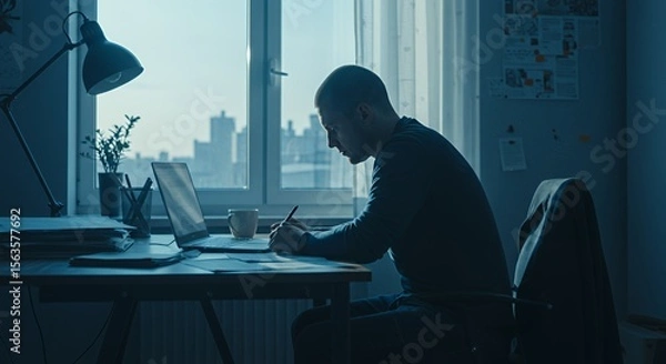 Obraz Concentrated young man works late at his desk, illuminated by a desk lamp, city view visible through the window.