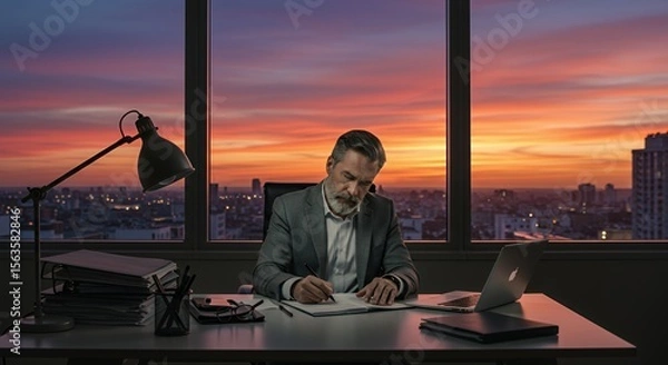 Obraz Serene Sunset Hues Illuminate a Focused Executive Working Late in His Modern Office