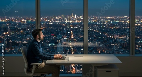 Obraz Night City Skyline View: A lone worker focuses on his laptop, enjoying a breathtaking panorama of city lights from his high-rise office.