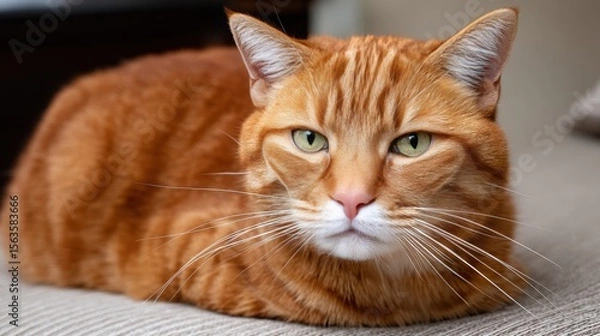 Fototapeta Close-up of an orange tabby cat lying down with a calm expression on a neutral background