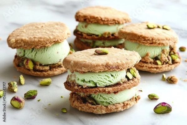 Fototapeta Delicate Pistachio Ice Cream Sandwiches on a Marble Surface