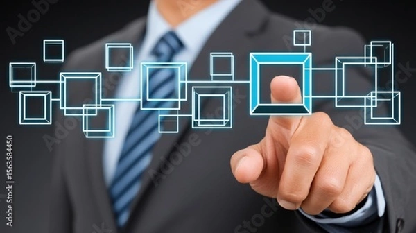 Obraz Businessman interacting with digital interface of interconnected squares and icons